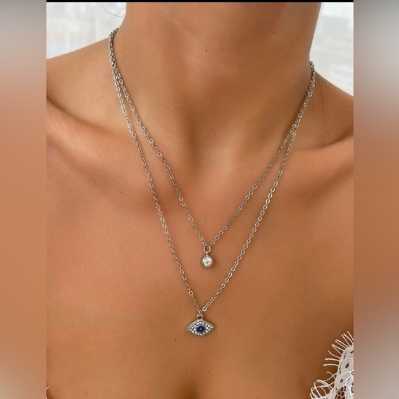 Blue Evil Eye Layered Silver Necklace - Picture 7 of 12